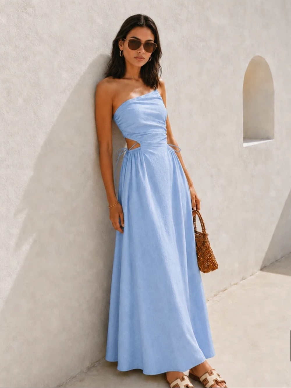 Commense Cutout Tie-Side Cotton Linen Midi Dress in Aqua Light Blue Size Medium